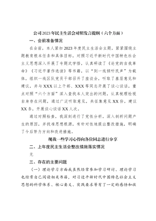 公司2023年民主生活会对照发言提纲（六个方面）