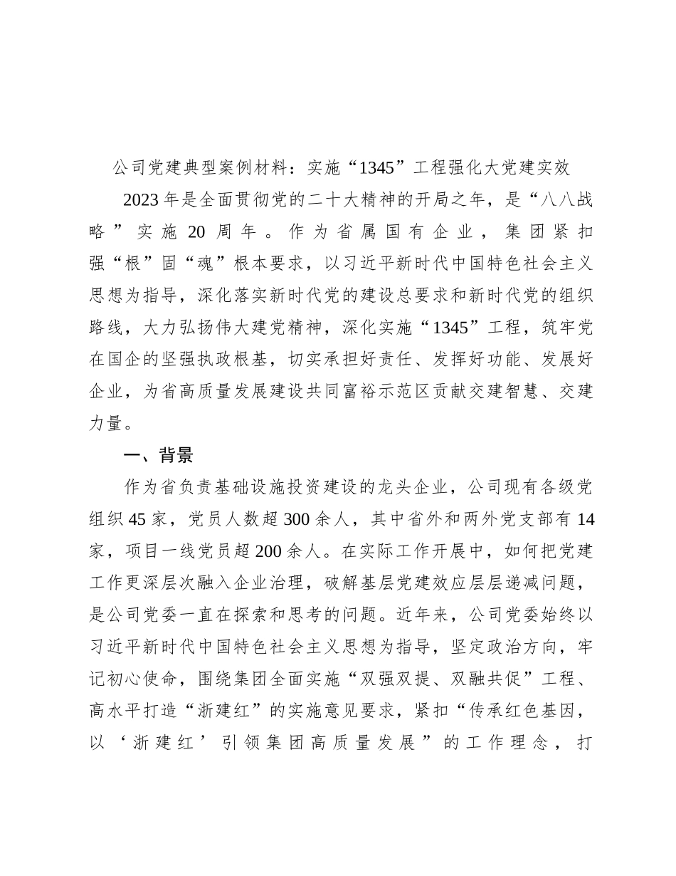 公司党建典型案例材料：实施“1345”工程强化大党建实效_第1页