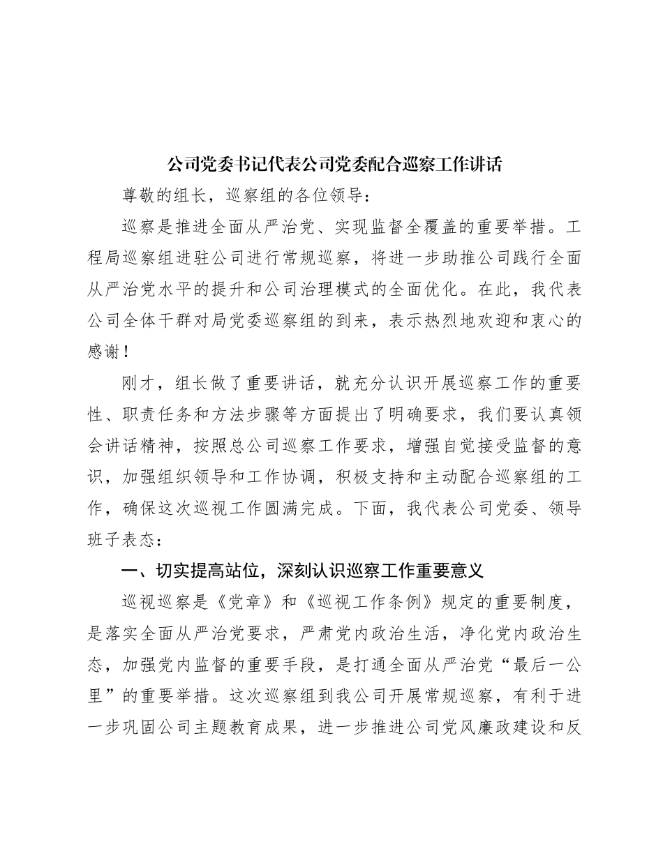 公司党委书记代表公司党委配合巡察工作讲话_第1页
