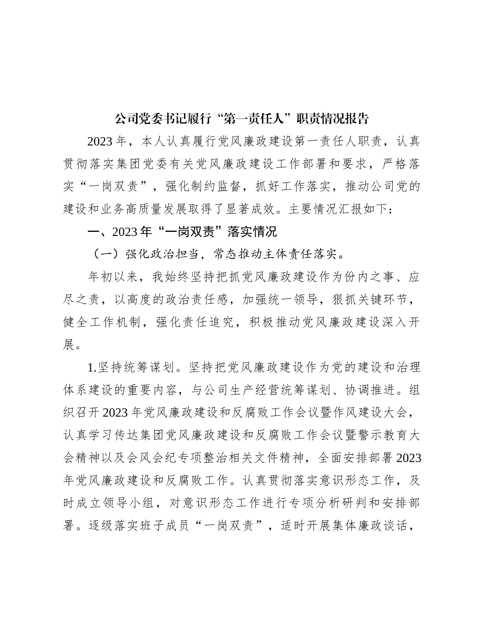 公司党委书记履行“第一责任人”职责情况报告_第1页