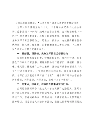 公司纪委经验做法：“三力齐发”激发人才智力支撑新活力