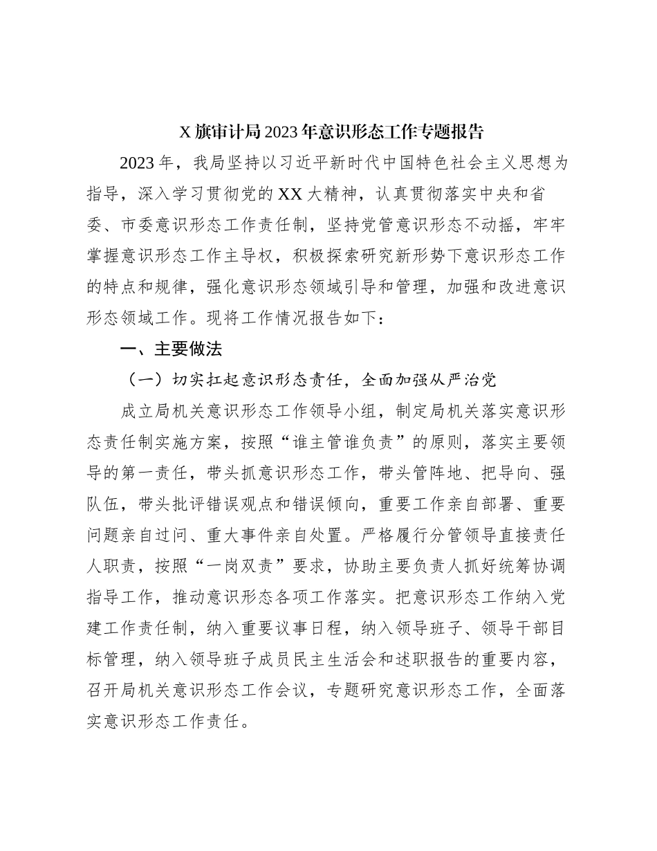 X审计局2023年意识形态工作专题报告_第1页