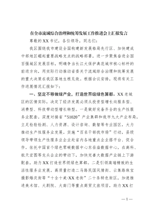 在全市流域综合治理和统筹发展工作推进会上汇报发言