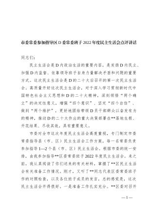 市委常委参加指导区党委常委班子XX年度民主生活会点评讲话