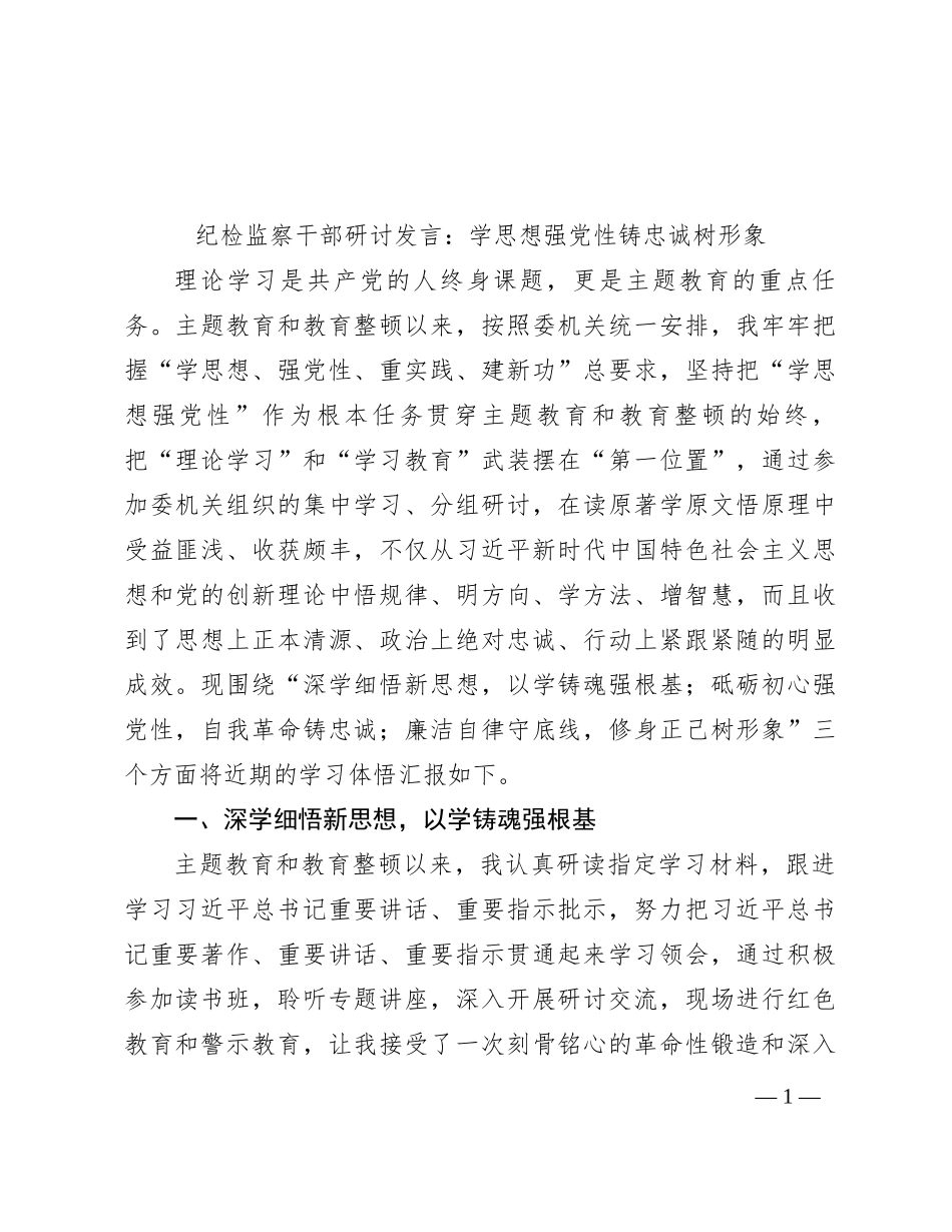 纪检监察干部研讨发言：学思想  强党性  铸忠诚  树形象_第1页