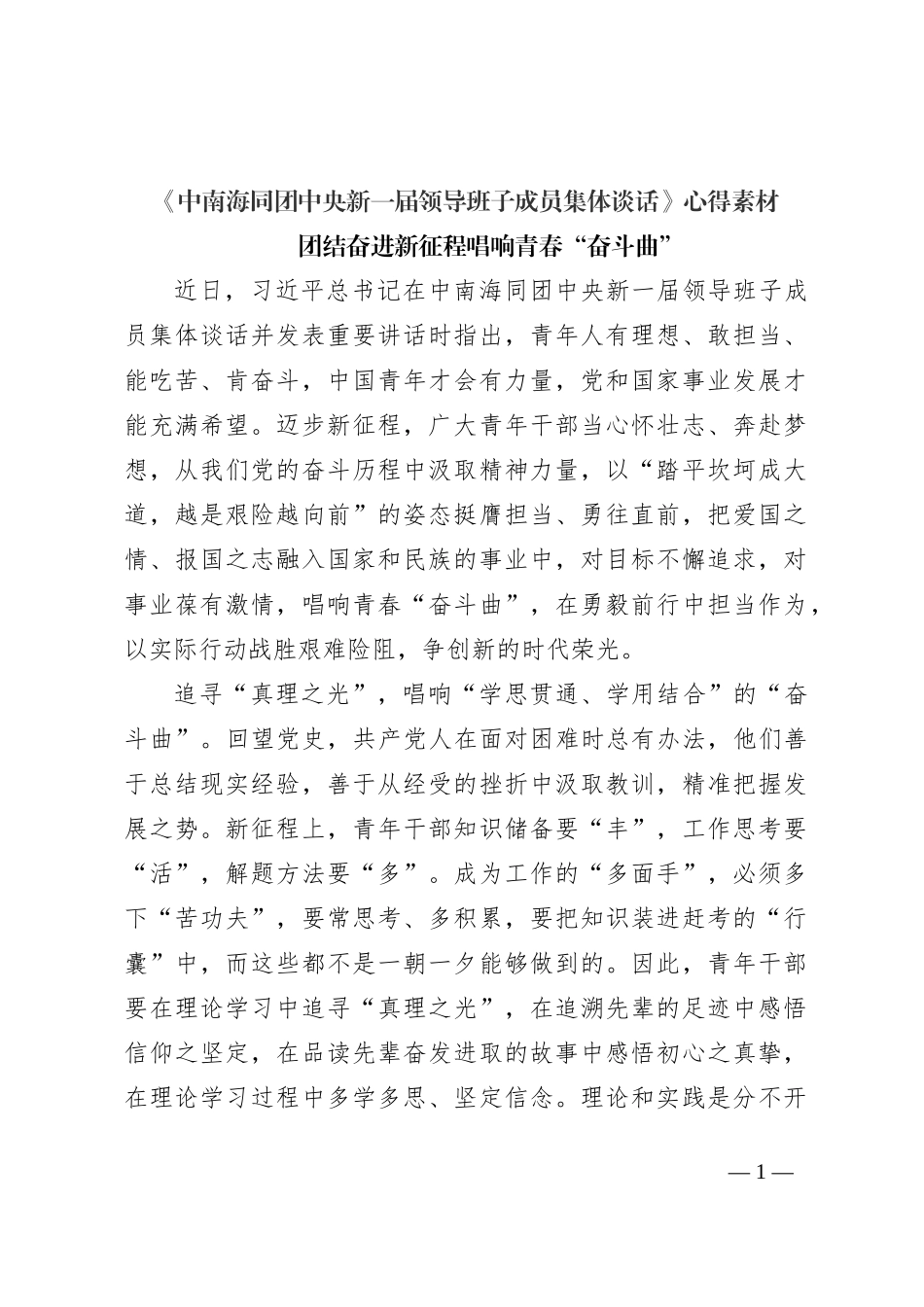 《中南海同团中央新一届领导班子成员集体谈话》心得素材_第1页