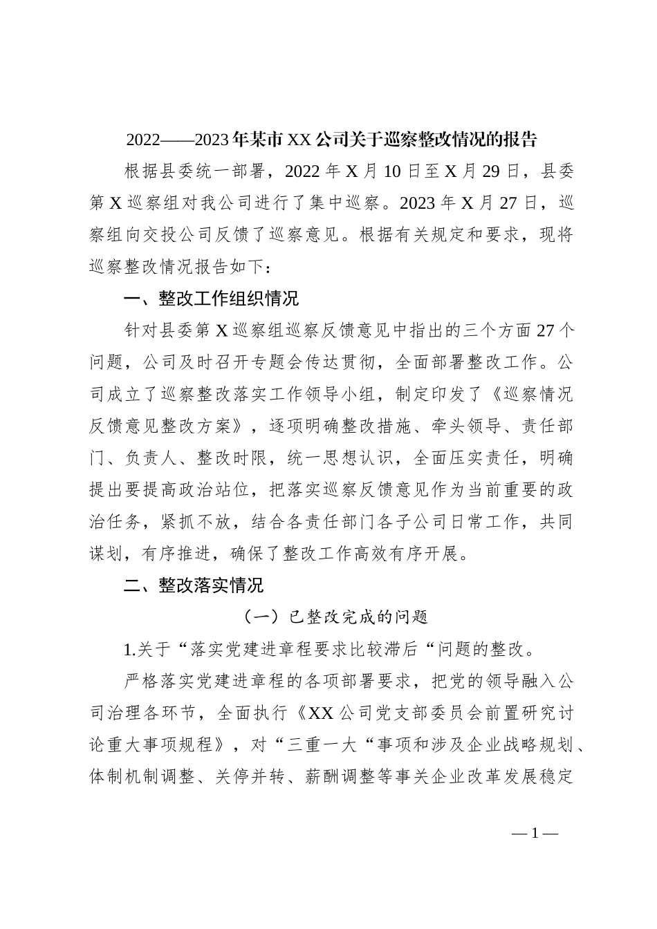 2022——2023年某市XX公司关于巡察整改情况的报告_第1页