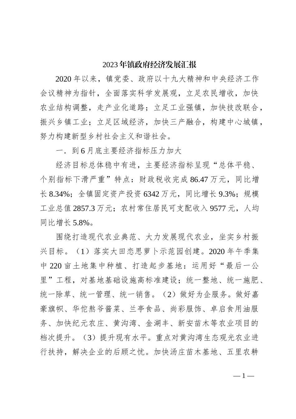 2023 年镇政府经济发展汇报_第1页