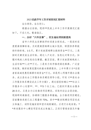 2023民政半年工作开展情况汇报材料