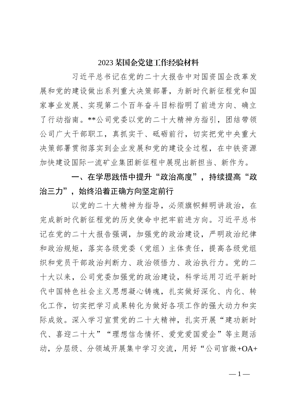 2023某国企党建工作经验材料_第1页