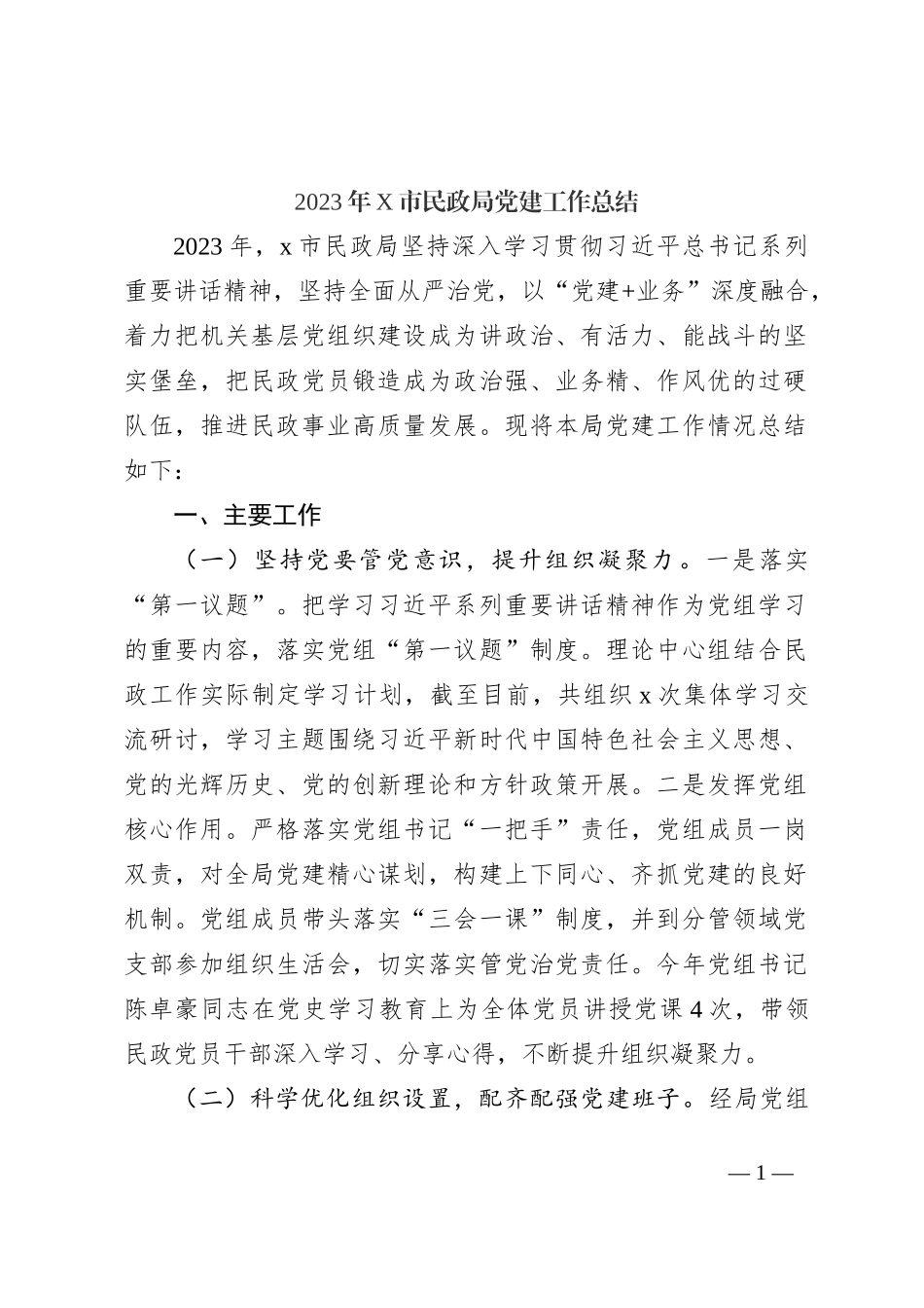 2023年X市民政局党建工作总结_第1页