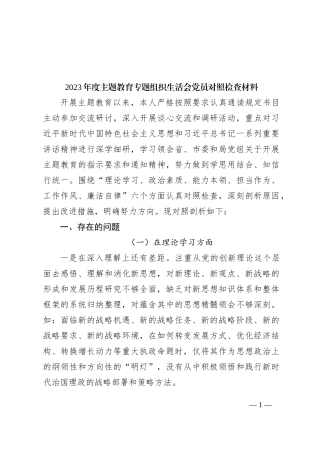 2023年度主题教育专题组织生活会党员对照检查材料