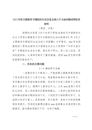2023年度主题教育专题组织生活会党支部六个方面问题对照检查材料（原因、对策）