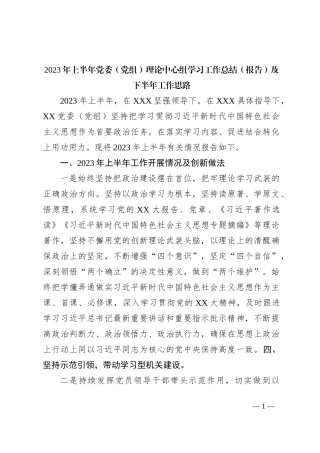 2023年上半年党委（党组）理论中心组学习工作总结（报告）及下半年工作思路