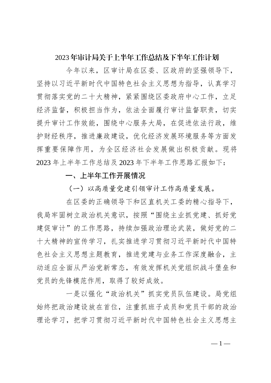2023年审计局关于上半年工作总结及下半年工作计划_第1页
