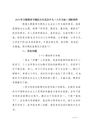 2023年主题教育专题民主生活会个人（六个方面）剖析材料