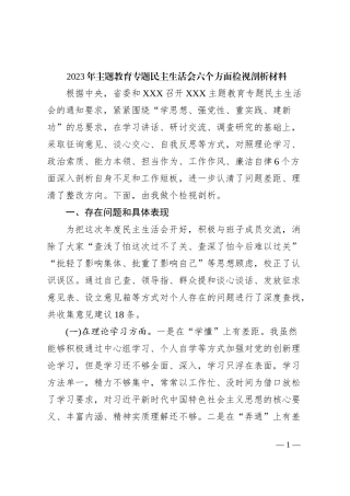 2023年主题教育专题民主生活会六个方面检视剖析材料