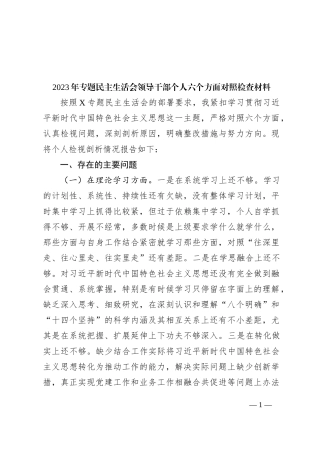 2023年专题民主生活会领导干部个人六个方面对照检查材料