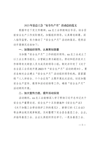 2023年总工会安全生产月活动总结（工作汇报报告）
