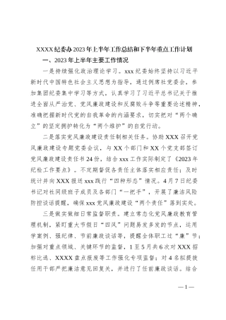 XXXX纪委办2023年上半年工作总结和下半年重点工作计划