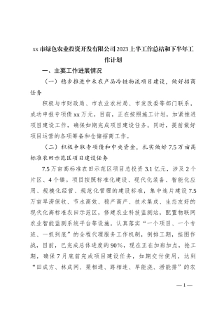 xx市绿色农业投资开发有限公司2023上半工作总结和下半年工作计划