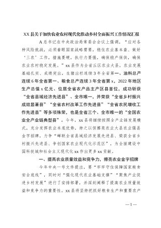 XX县关于加快农业农村现代化推动乡村全面振兴工作情况汇报