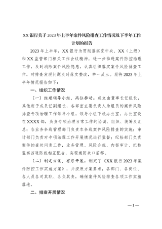 XX银行关于2023年上半年案件风险排查工作情况及下半年工作计划的报告
