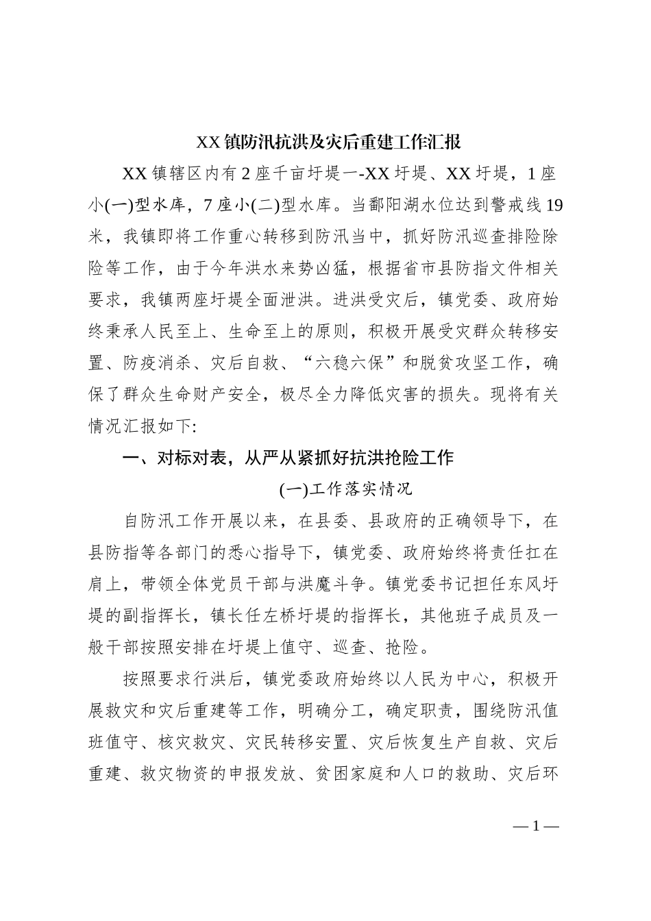 XX镇防汛抗洪及灾后重建工作汇报._第1页
