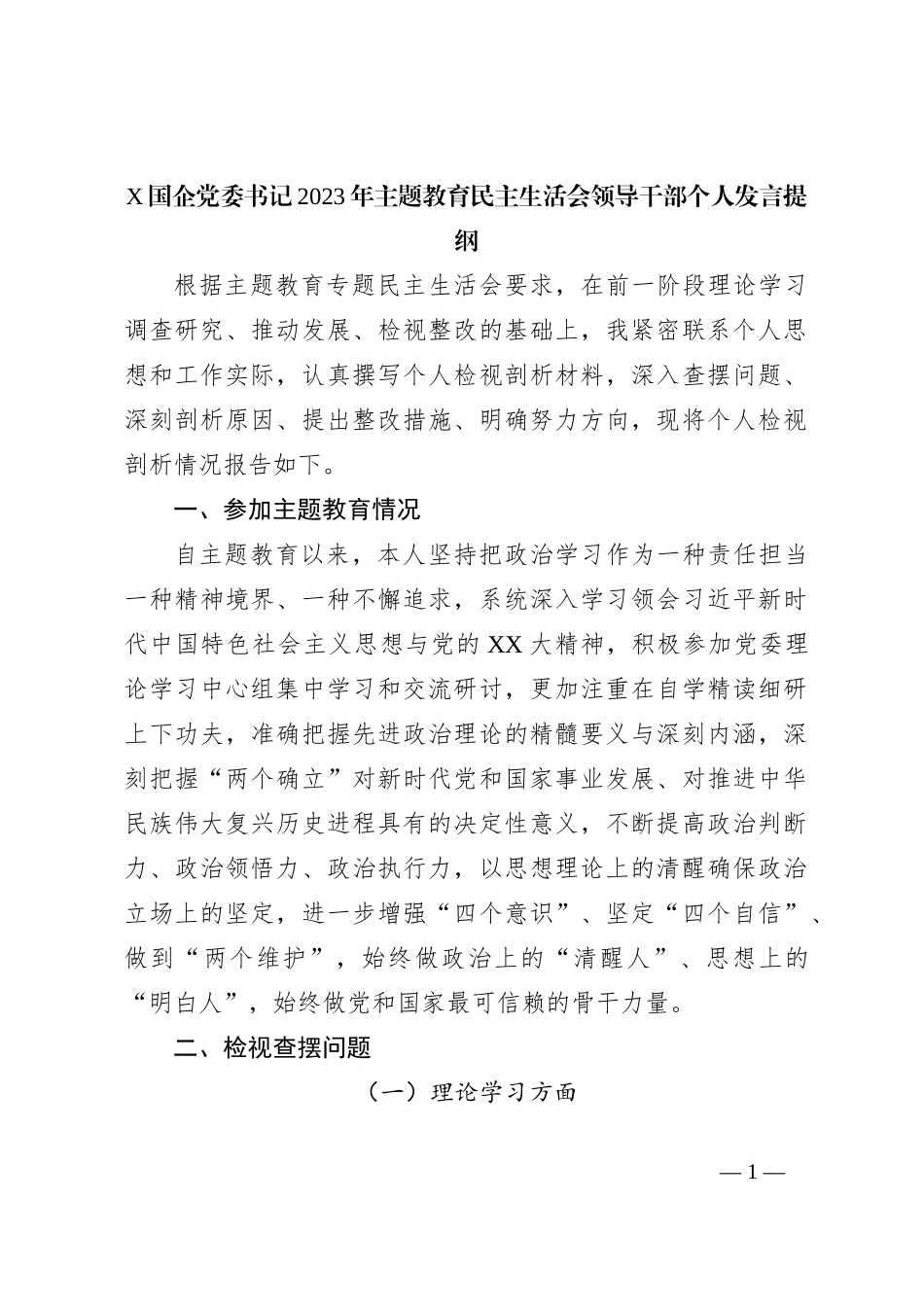 X国企党委书记2023年主题教育民主生活会领导干部个人发言提纲_第1页