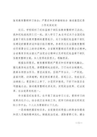 X校教育整顿学习体会：严要求和实举措相结合 推动基层纪委工作走深走实