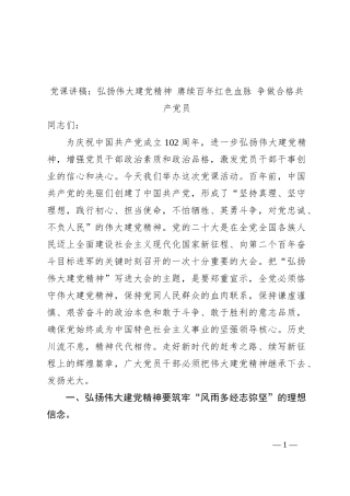 党课讲稿：弘扬伟大建党精神 赓续百年红色血脉 争做合格共产党员