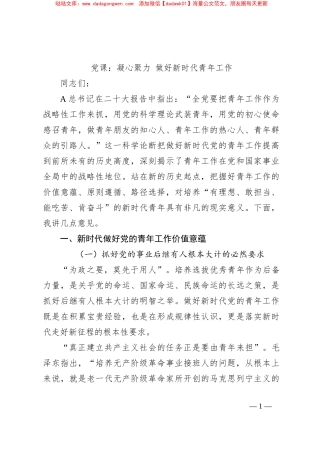党课：凝心聚力 做好新时代青年工作​