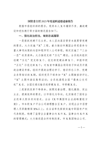 国资委主任2023年度述职述德述廉报告