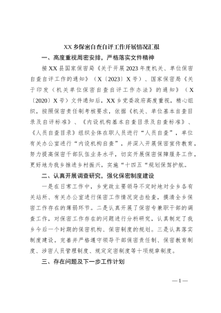 XX乡保密自查自评工作开展情况汇报【优】