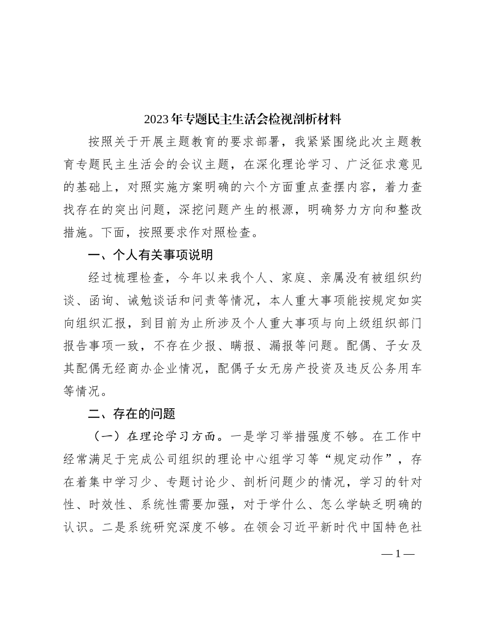 2023年专题民主生活会检视剖析材料 (2)_第1页