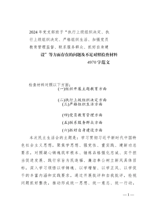 2024年党支部班子“执行上级组织决定、执行上级组织决定、严格组织生活、加强党员教育管理监督、联系服务群众、抓好自身建设”等方面存在