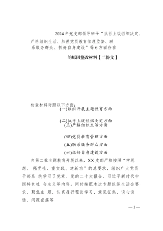 2024年党支部领导班子“执行上级组织决定、严格组织生活、加强党员教育管理监督、联系服务群众、抓好自身建设”等6方面存在的原因整改材