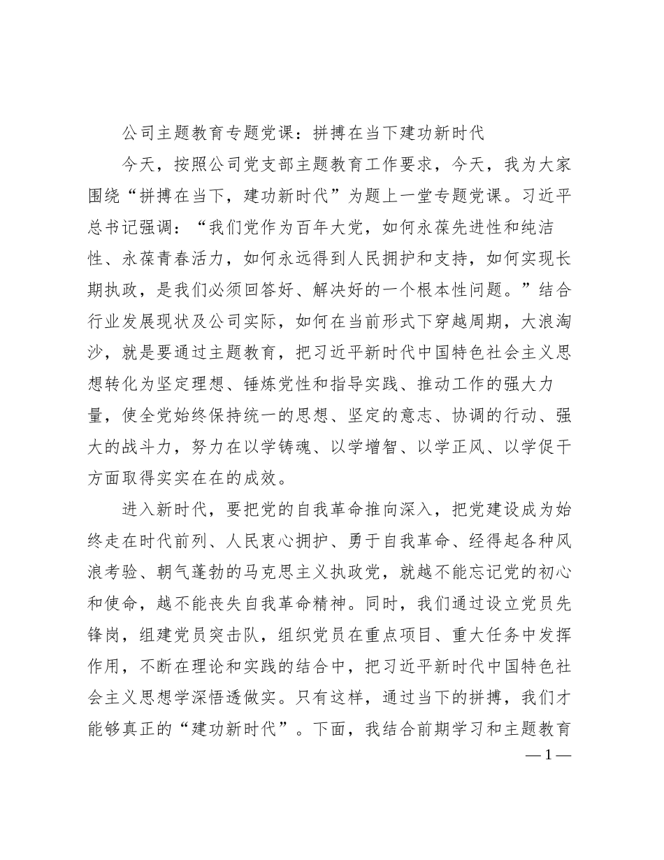 2023121316：公司主题教育专题党课：拼搏在当下建功新时代_第1页
