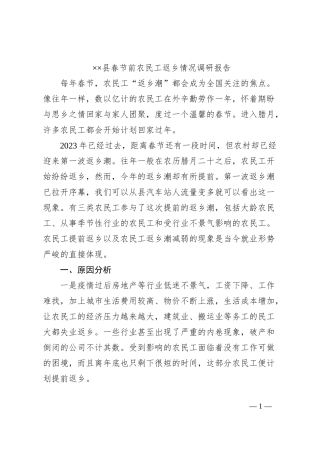 ××县春节前农民工返乡情况调研报告