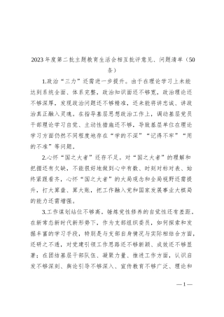 50条2023年度主题教育生活会相互批评意见问题清单民组织第二批次0112