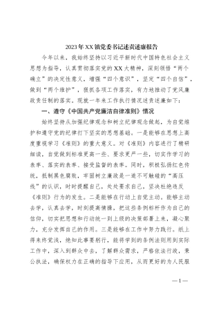 2023年XX镇党委书记述责述廉报告