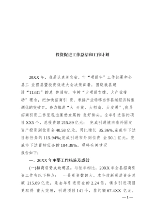 2023年投资促进工作总结和工作计划