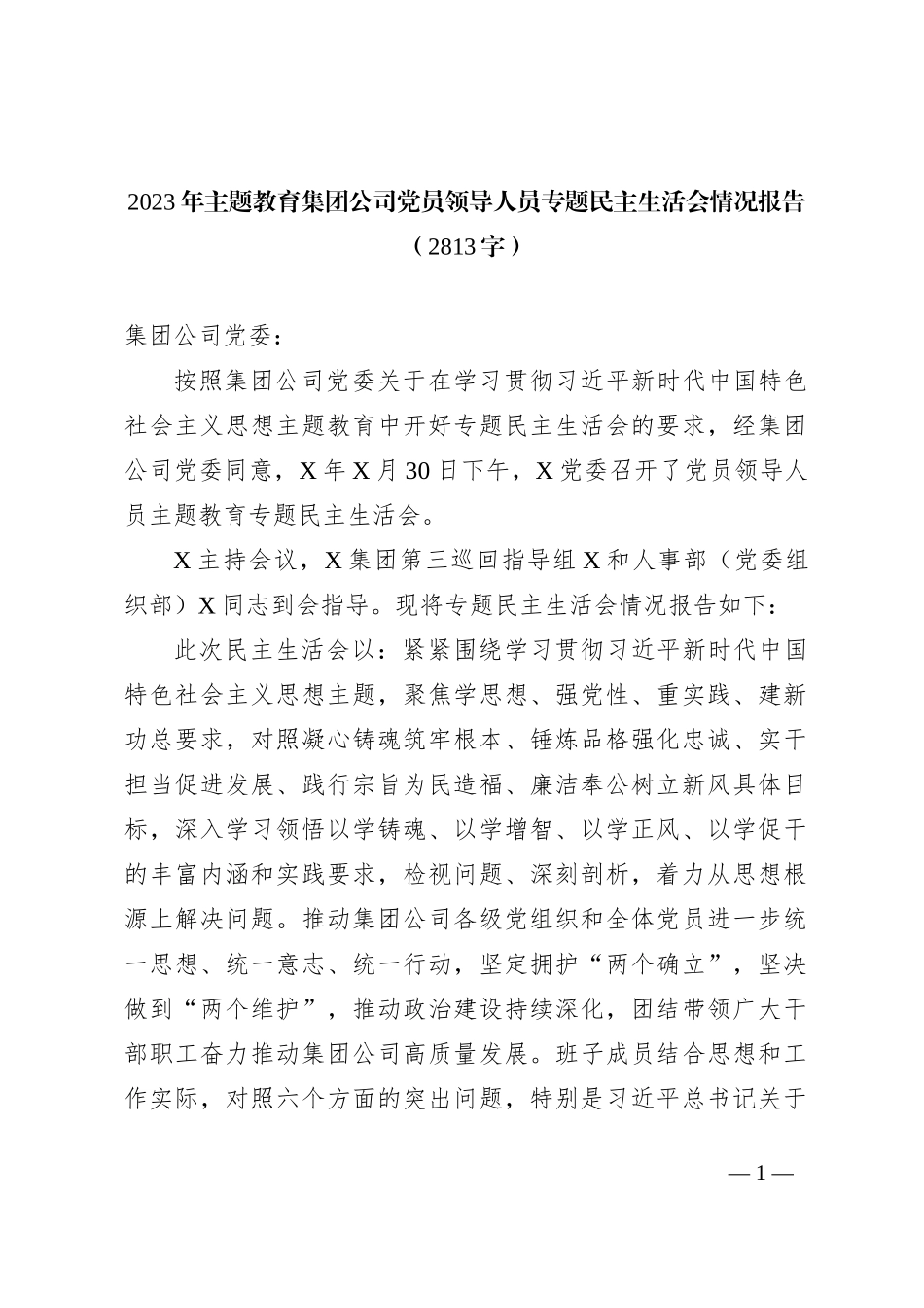 2023年主题教育集团公司党员领导人员专题民主生活会情况报告_第1页
