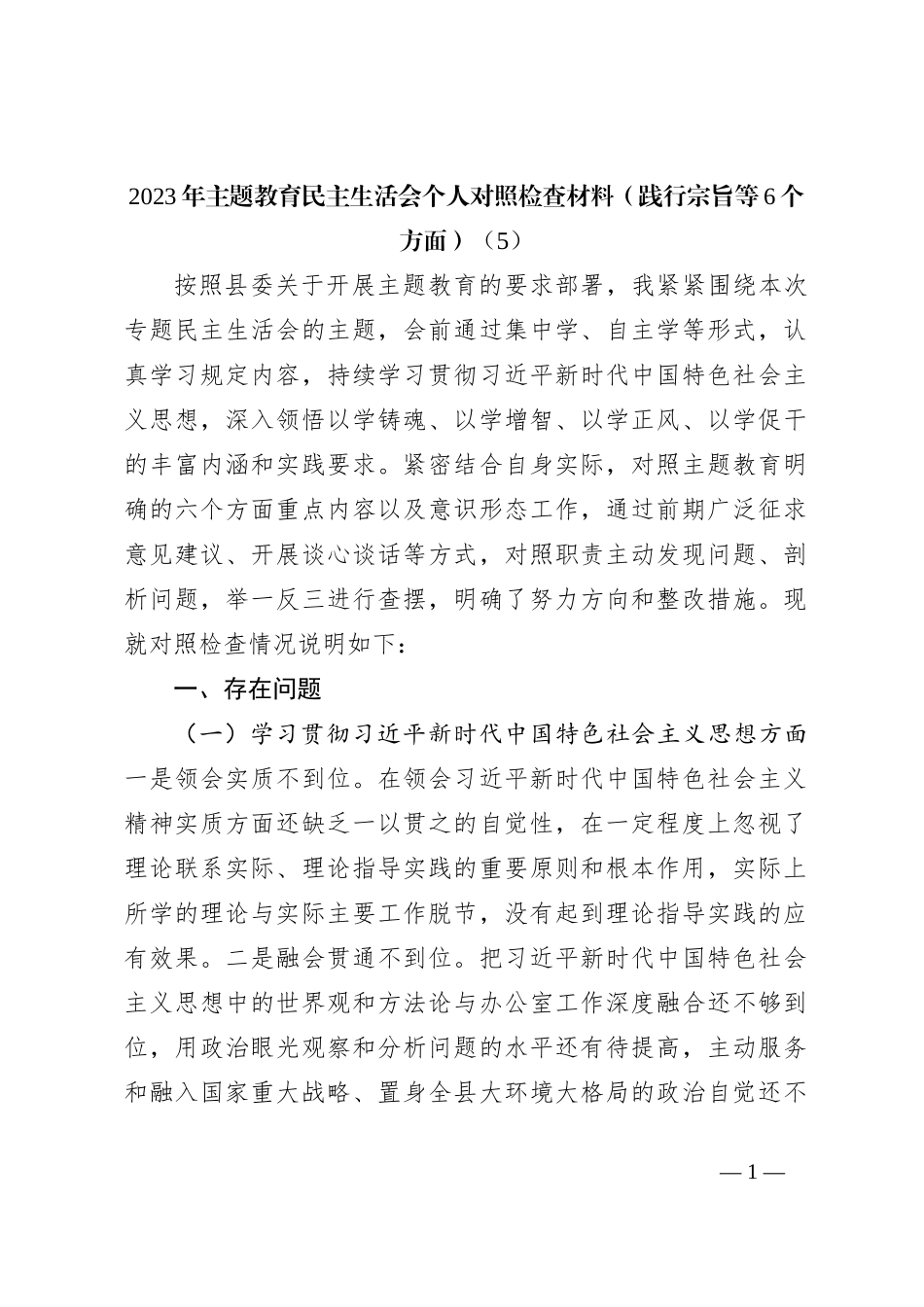 2023年主题教育民主生活会个人对照检查材料（践行宗旨等6个方面） (5)_第1页