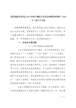 某县委政法委书记2023年度专题民主生活会对照检查材料新六个方面