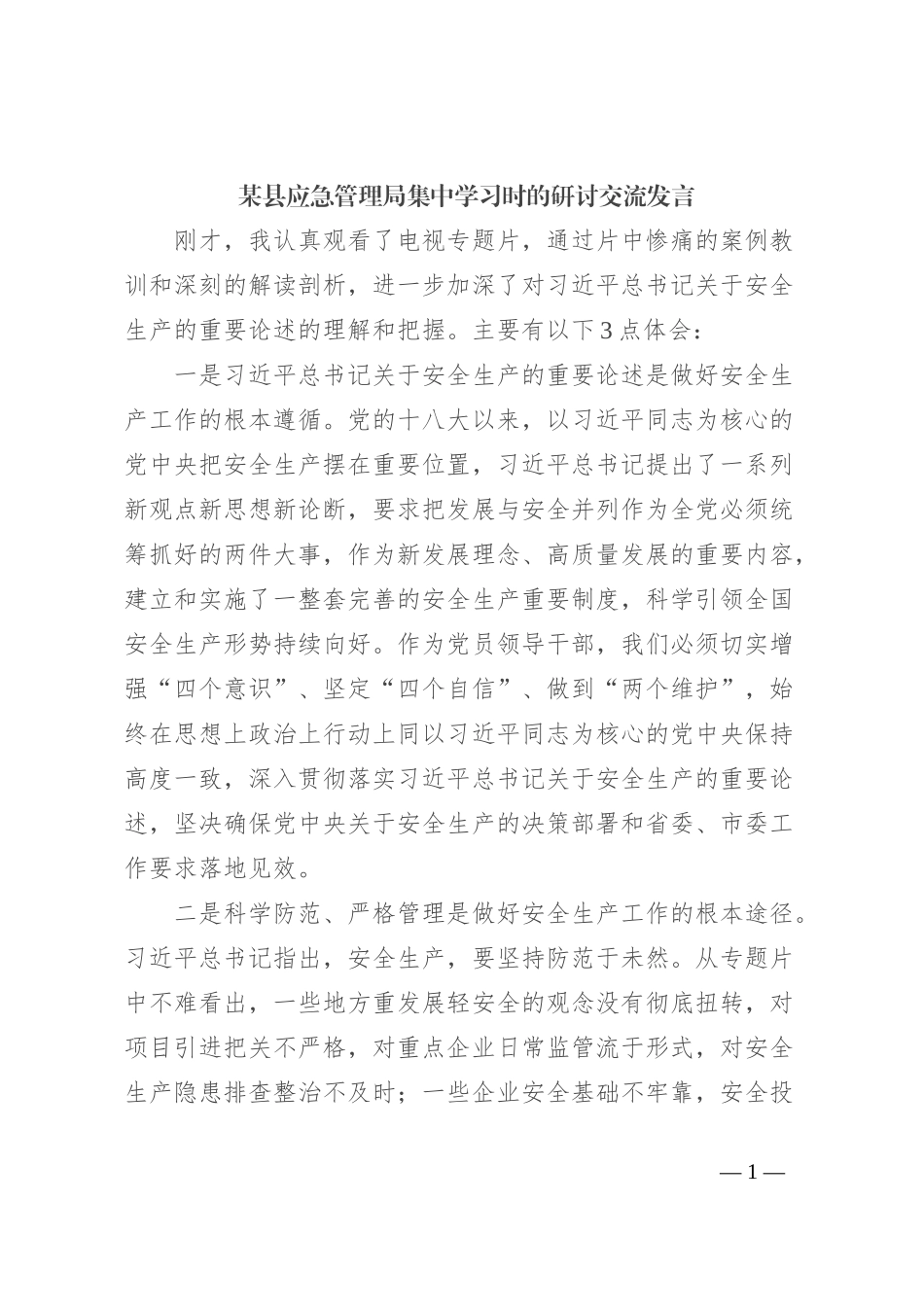 某县应急管理局集中学习时的研讨交流发言_第1页