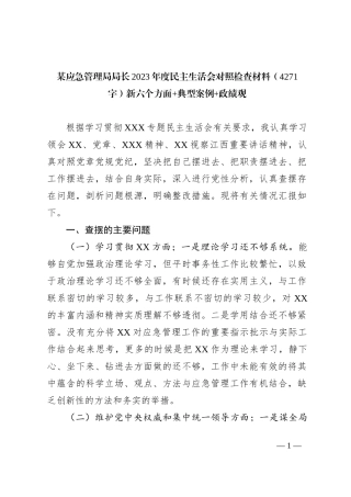 某应急管理局局长2023年度民主生活会对照检查材料（新六个方面+典型案例+政绩观