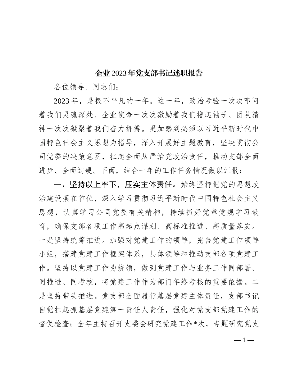 企业2023年党支部书记述职报告_第1页