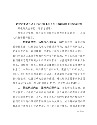 企业党委副书记（分管宣传工作）在上级调研会上的发言材料