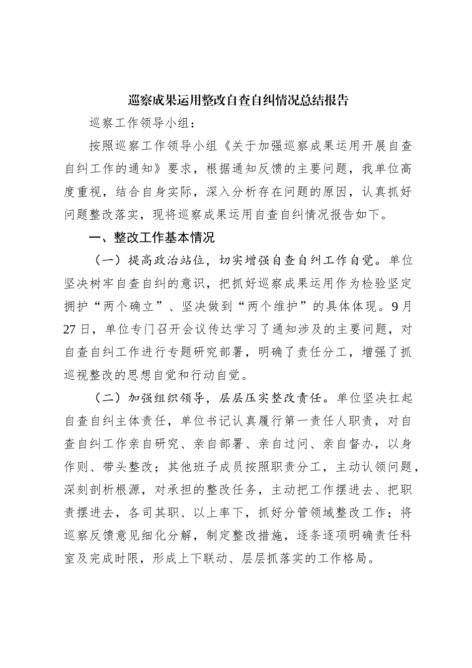 巡察成果运用整改自查自纠情况总结报告_第1页